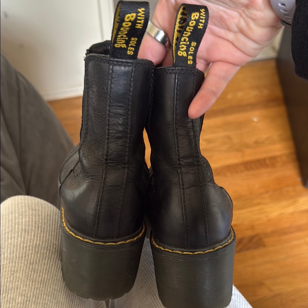 Dr. Martens Black Leather Platform Ankle Boots with Yellow Stitching